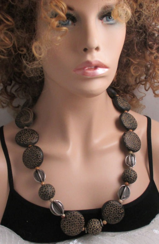 Big Bold Necklace in Black African Clay Beads - VP's Jewelry