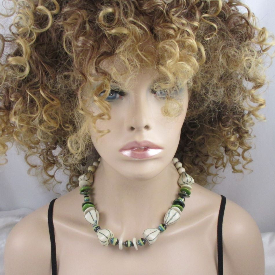 Cream Handmade Kazuri Necklace Chunky - VP's Jewelry