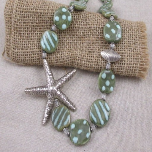 Green Kazuri and Silver Starfish Necklace Fair Trade