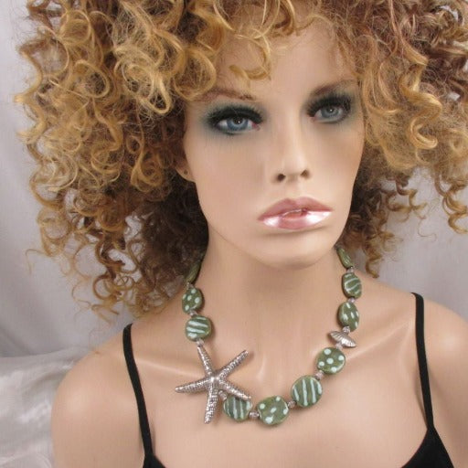 Green Kazuri and Silver Starfish Necklace Fair Trade