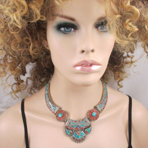 Handcrafted Boho Tibetan Turquoise Inlay Pendant Necklace - VP's Jewelry