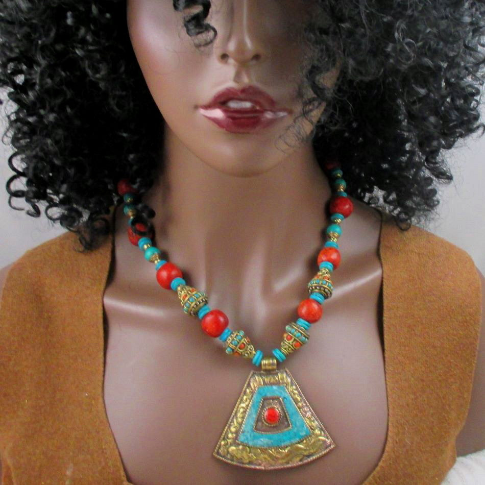 Tibetan Inlaid Bold Pendant Necklace - VP's Jewelry