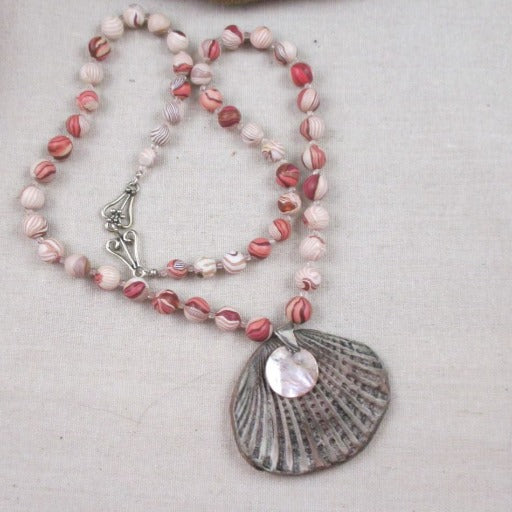 Pink & Tan Handmade Beaded Necklace with Seashell Pendant - VP's Jewelry