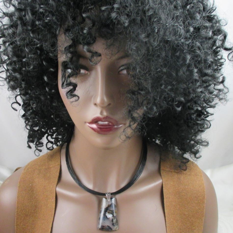 Gemstone Black Agate Pendant on Black Multi-strand Neck Wire - VP's Jewelry