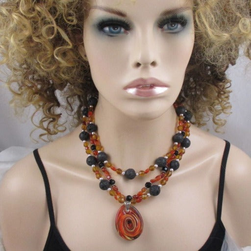 Rustic Statement Necklace in Black Lava and Carnelian - VP's Jewelry