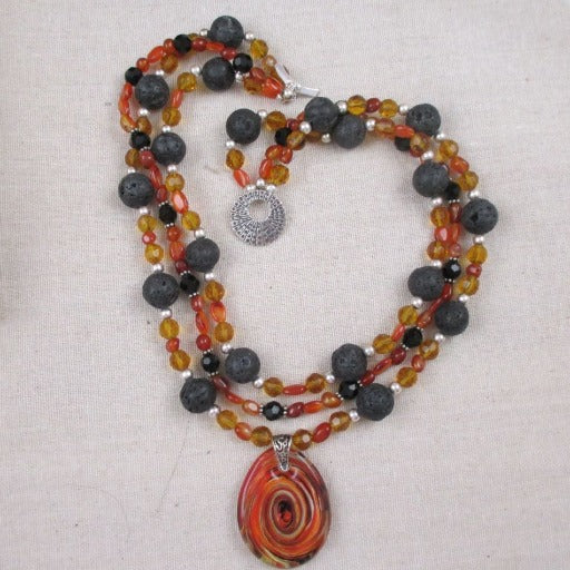 Rustic Statement Necklace in Black Lava and Carnelian - VP's Jewelry