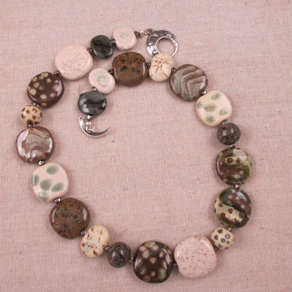 Kazuri Necklace Handmade Brown, Cream & Green Kazuri Beads