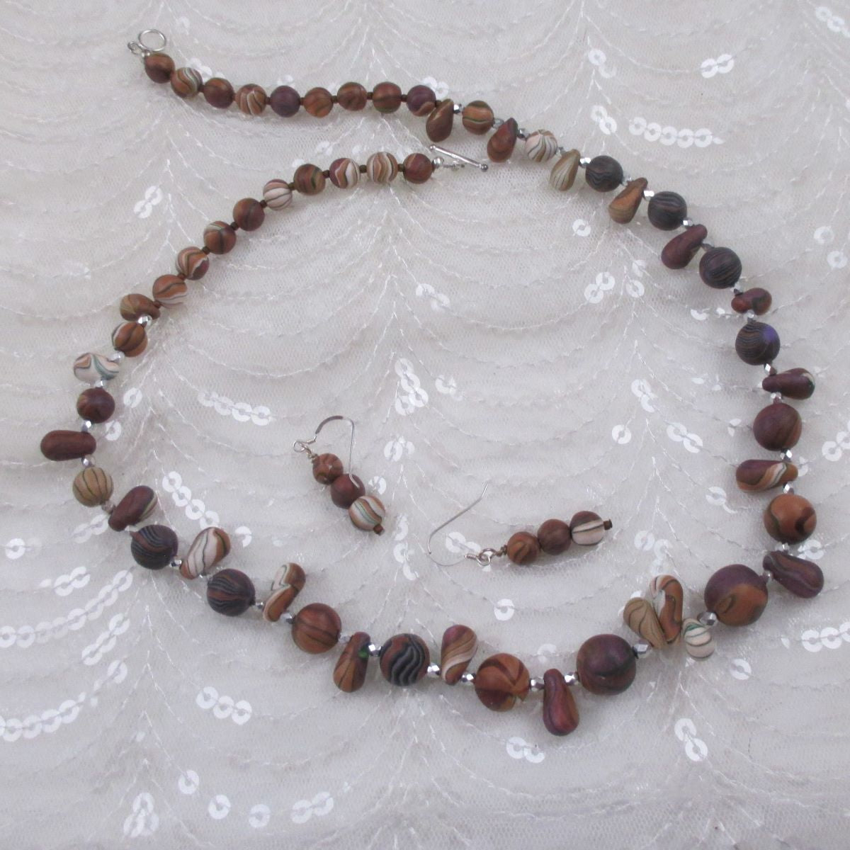 Handmade Lavender & Tan Artisan Bead Necklace & Earrings - VP's Jewelry  