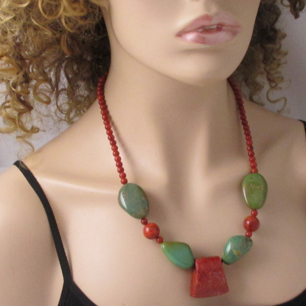 Chunky Turquoise Necklace Big Bold Red Ax Focus - VP's Jewelry
