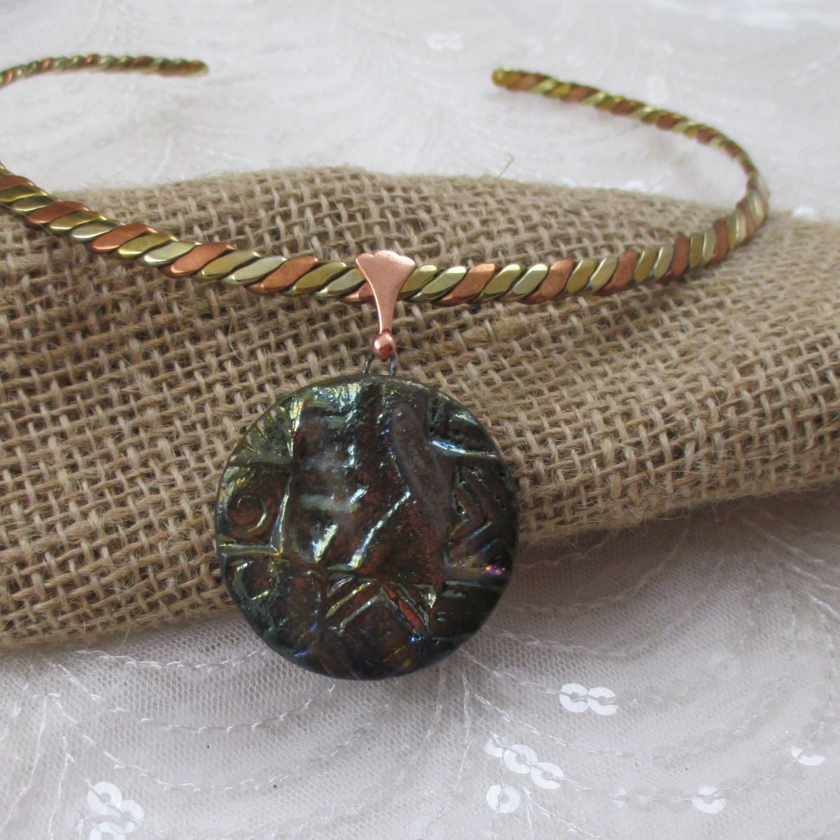 Choker with Statement Iridescent Blue Handmade Pendant Raku Glaze - VP's Jewelry