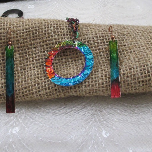 Handmade Rainbow Patina Pendant Necklace & Long Earrings - VP's Jewelry