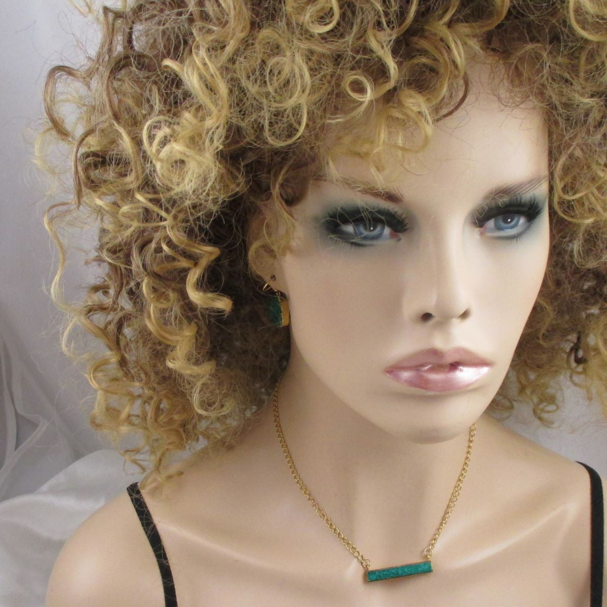 Emerald Green Druzy Bar Pendant on Gold Chain & Earrings - VP's Jewelry