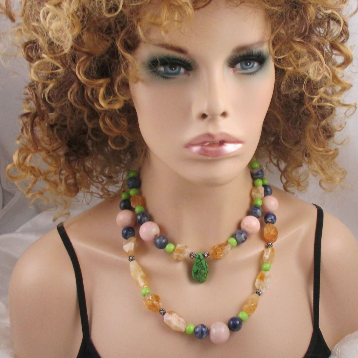 Handcrafted Big Bold Double Strand Multi-Gemstone Statement Necklace - VP's Jewelry