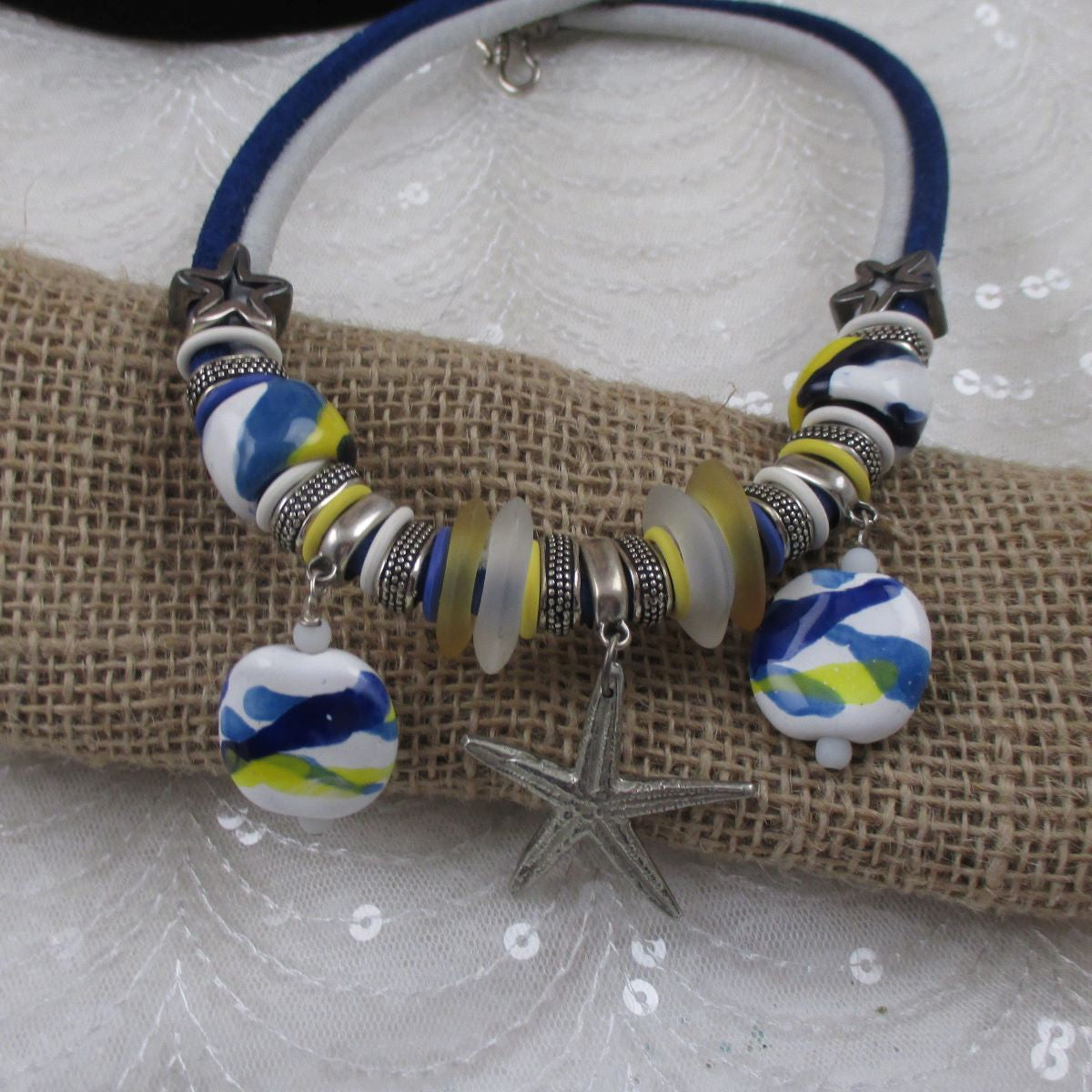 Seaside Kazuri & Sea Glass Necklace Blue & White Leather - VP's Jewelry 