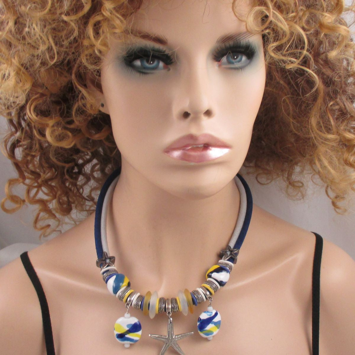Seaside Kazuri & Sea Glass Necklace Blue & White Leather - VP's Jewelry 