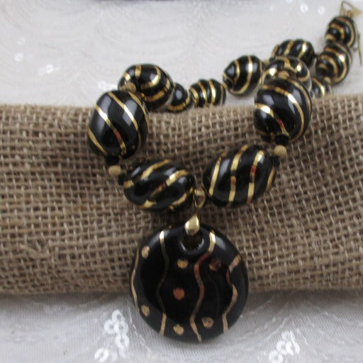 Fair Trade Statement Kazuri Necklace with Black and Gold Pendant - VP's Jewelry  