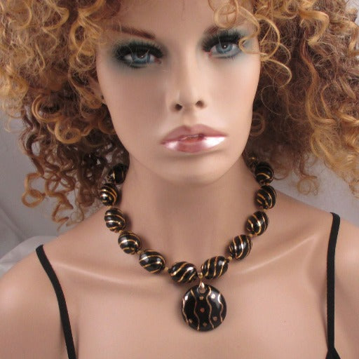 Fair Trade Statement Kazuri Necklace with Black and Gold Pendant - VP's Jewelry  