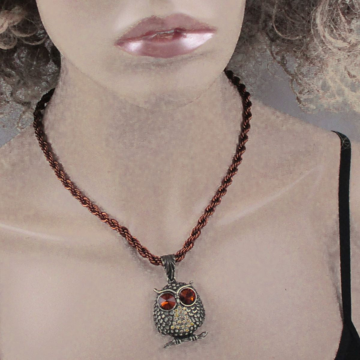 Antique Brass Owl Pendant on Copper Chain Necklace - VP's Jewelry
