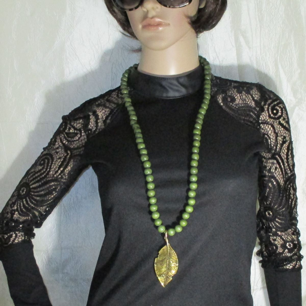 Green Wooden Beaded Necklace Bracelet & Gold Leaf Earrings - VP's Jewelry