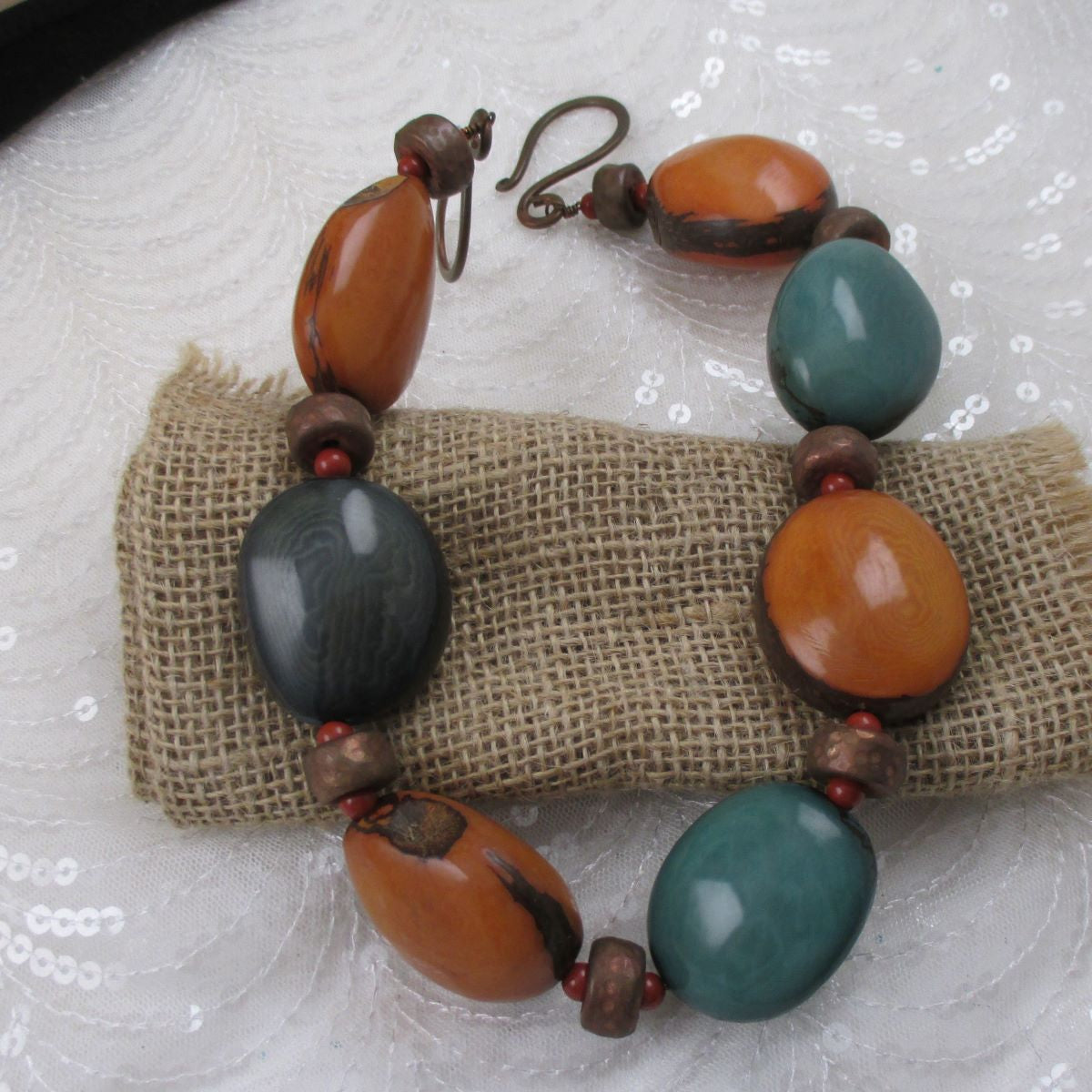 Large Pumpkin and Turquoise Tagua Nut Bead Statement Necklace - VP's Jewelry