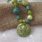 Ceramic Pendant Necklace in Celery and Teal Handmade Ceramic Beads - VP's Jewelry 