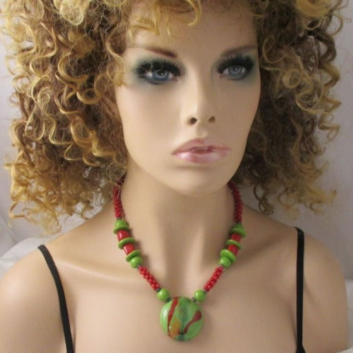 Red & Green Handmade Kazuri Bead Pendant Necklace - VP's Jewelry