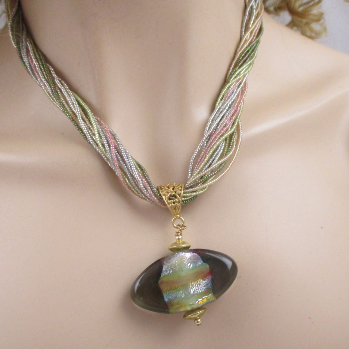Multi Strand Necklace with Handmade Artisan Bead Pendant - VP's Jewelry