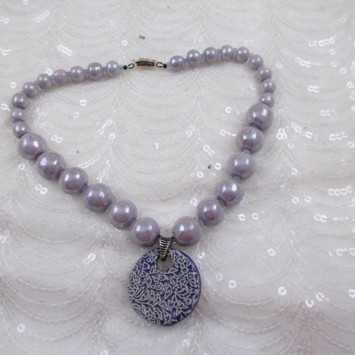 Lilac Kazuri Bead Necklace with Handmade Swazi Pendant - VP's Jewelry 