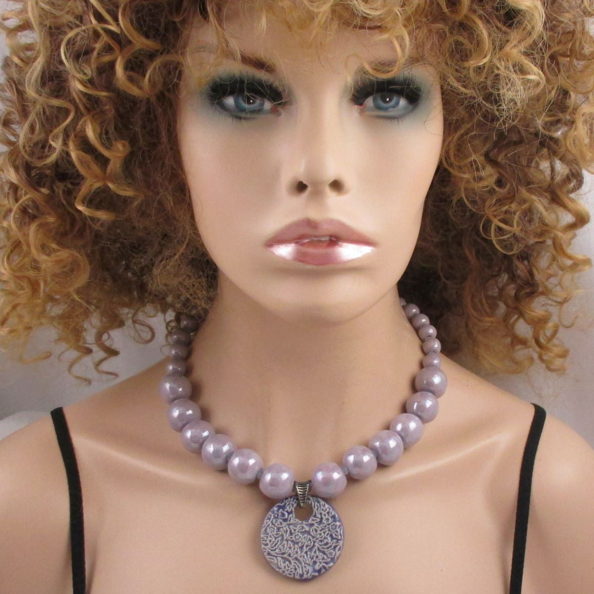 Lilac Kazuri Bead Necklace with Handmade Swazi Pendant - VP's Jewelry 