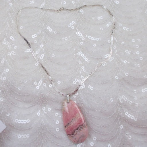 Pink Rhodonite Gemstone Pendant on Silver Chain Necklace - VP's Jewelry
