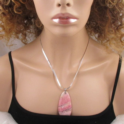 Pink Rhodonite Gemstone Pendant on Silver Chain Necklace - VP's Jewelry