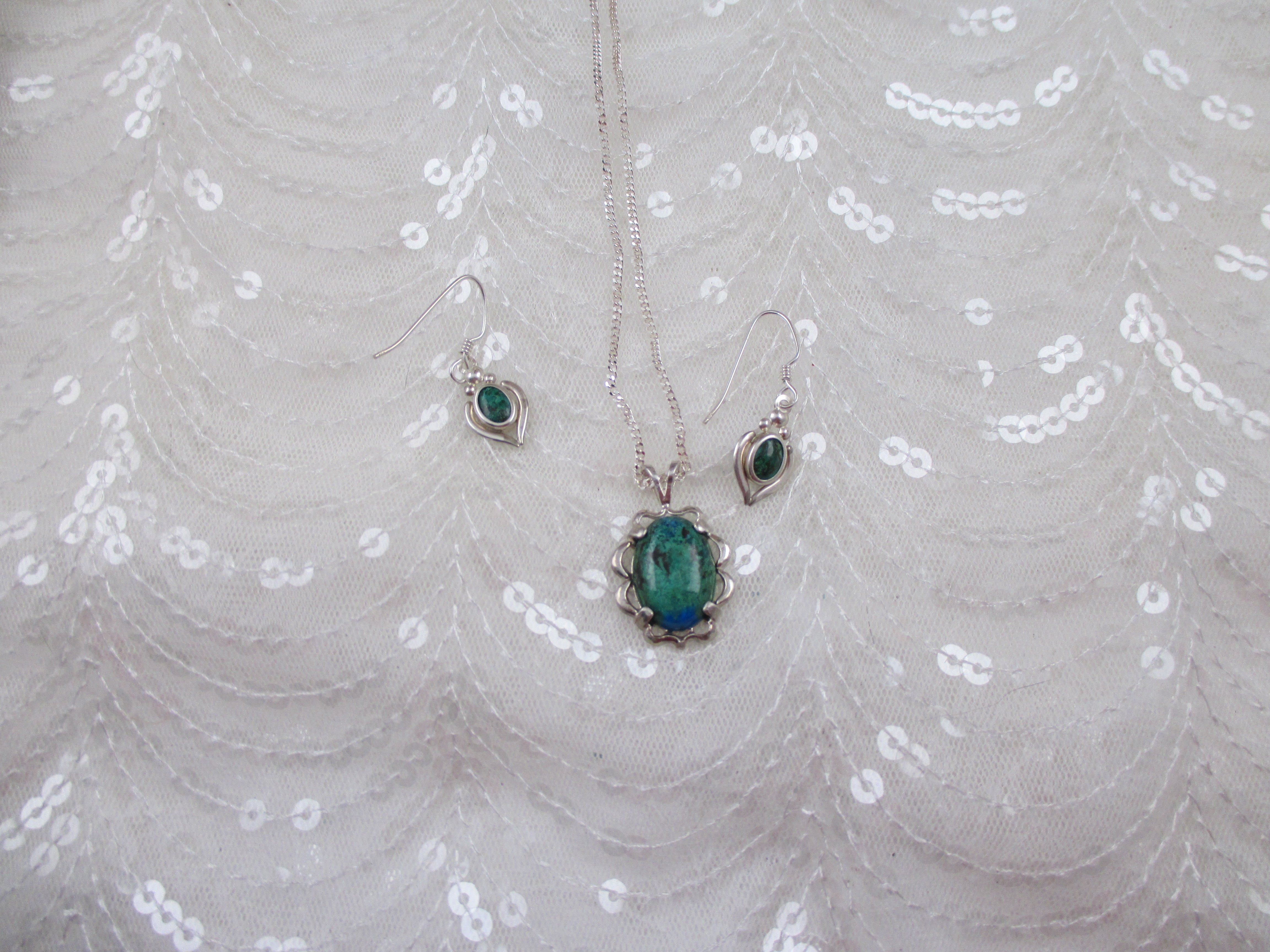 Chrysocolla Gemstone Pendant Necklace and Earrings - VP's Jewelry