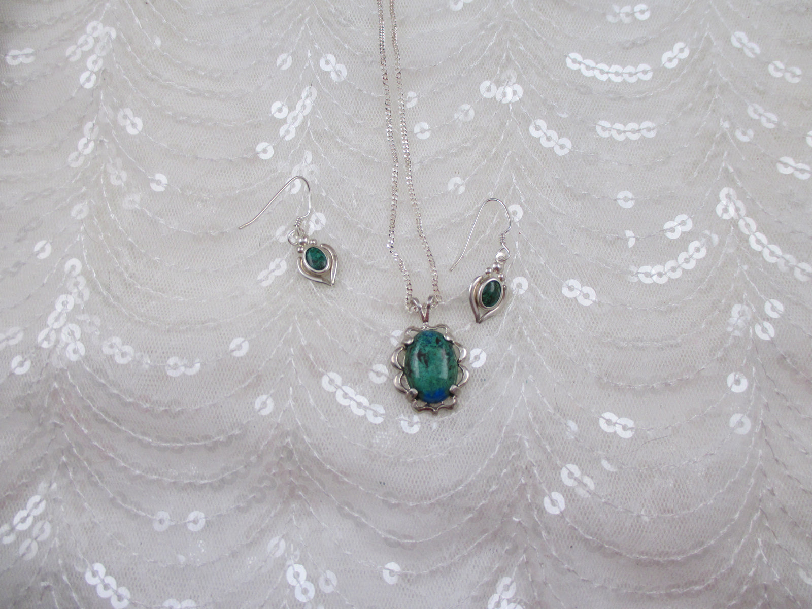 Chrysocolla Gemstone Pendant Necklace and Earrings - VP's Jewelry