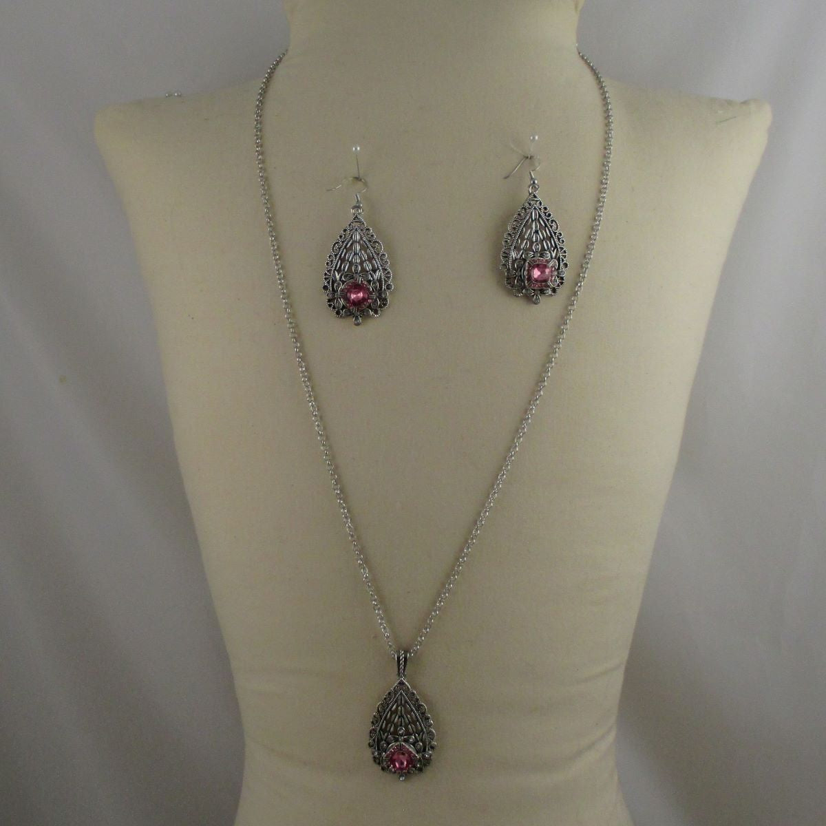 Silver Teardrop with Pink Crystal Pendant Necklace & Earrings - VP's Jewelry