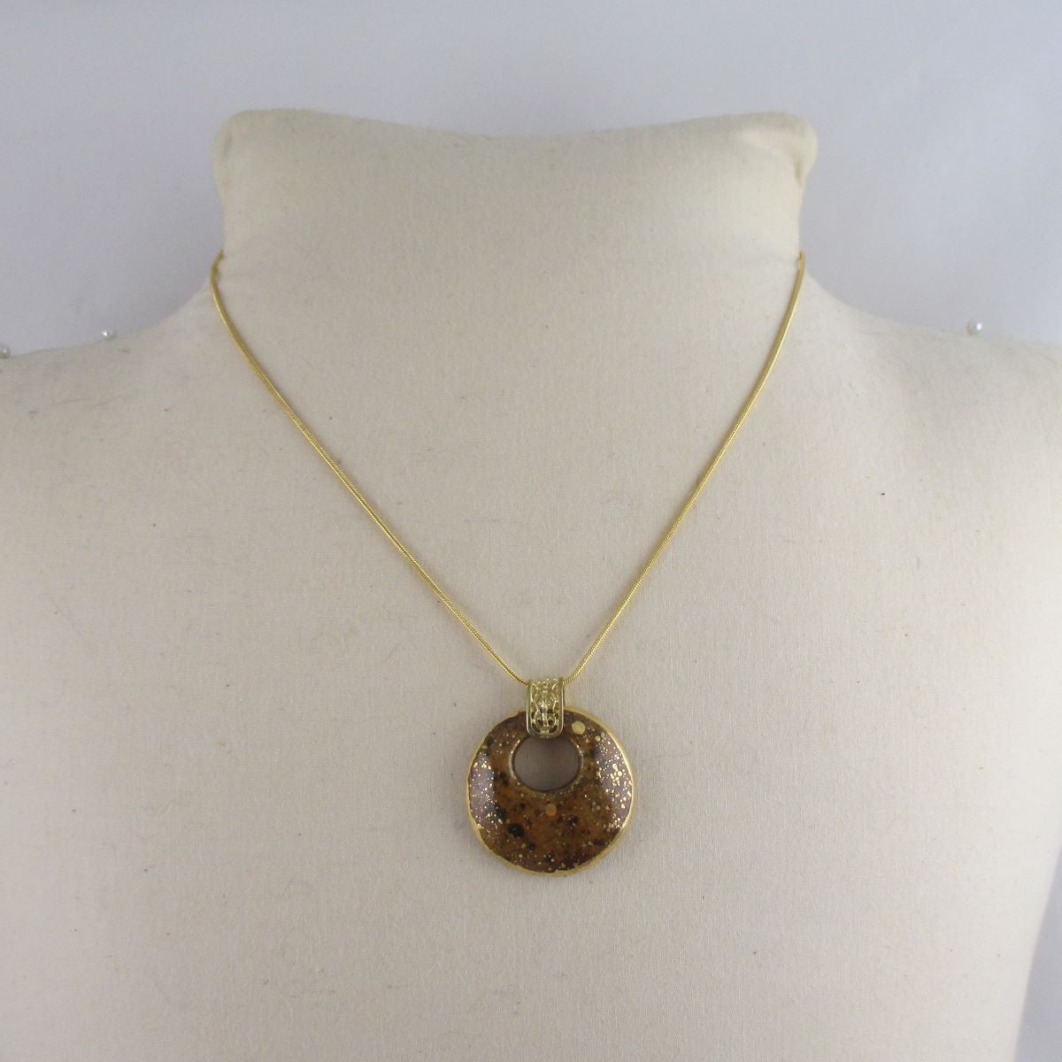 Golden Brown and Gold Kazuri Pendant on Gold Chain - VP's Jewelry