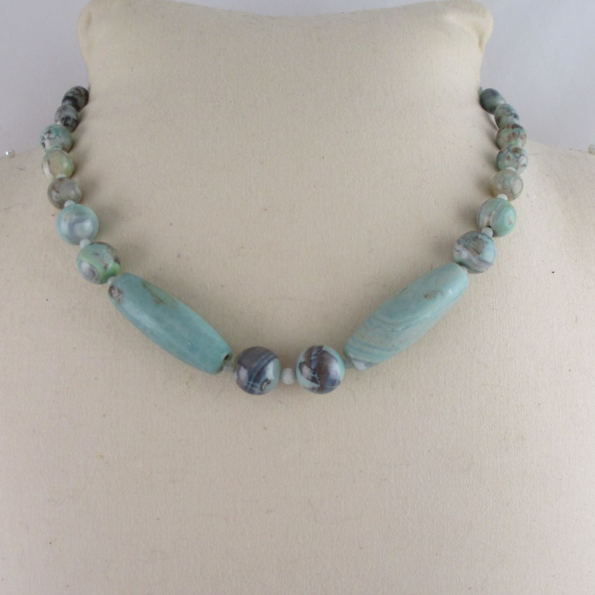 Aqua Fire Agate Gemstone Beaded Necklace - VP's Jewelry 