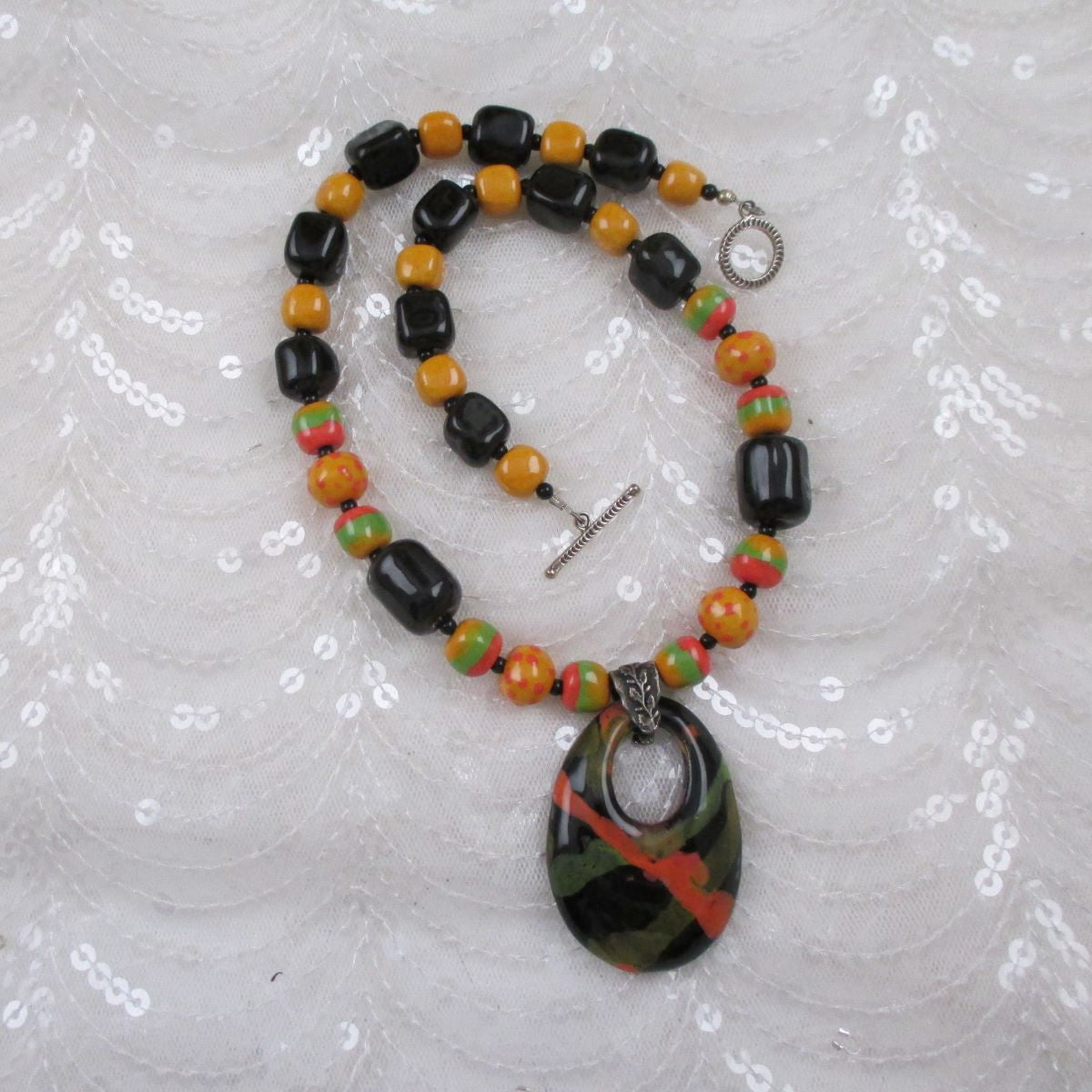 African Kazuri Necklace in Black, Green and Buttercup - VP's Jewelry
