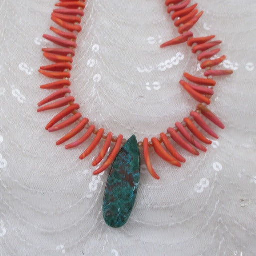 Handmade Pink Bead Necklace with Blue Green Gemstone Pendant - VP's Jewelry