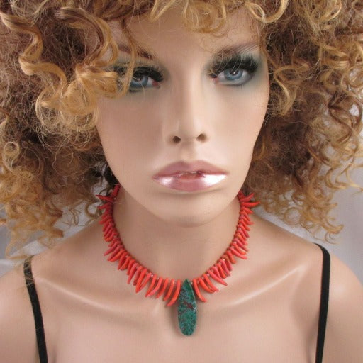 Handmade Pink Bead Necklace with Blue Green Gemstone Pendant - VP's Jewelry