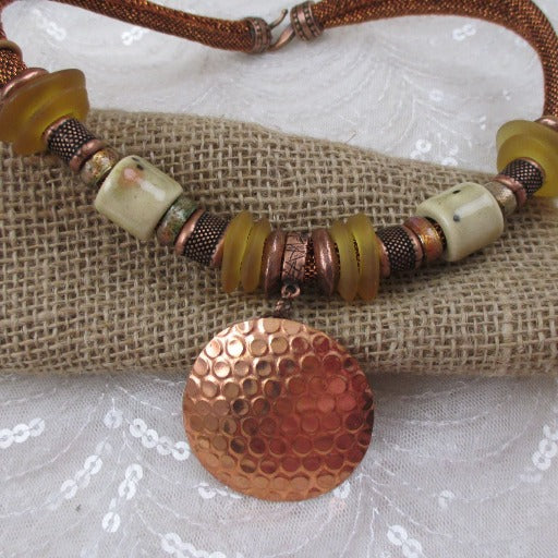 Big Bold Copper Pendant Necklace Metallic Cord Sea Glass Accents - VP's Jewelry