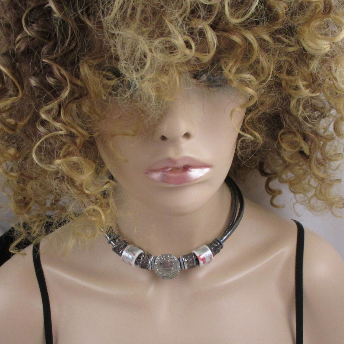 Silver Metallic Cord Silver & Ceramic Handmade Necklace - VP's Jewelry