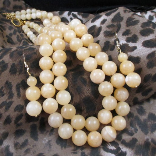Double Strand Yellow Jade Necklace & Earrings - VP's Jewelry
